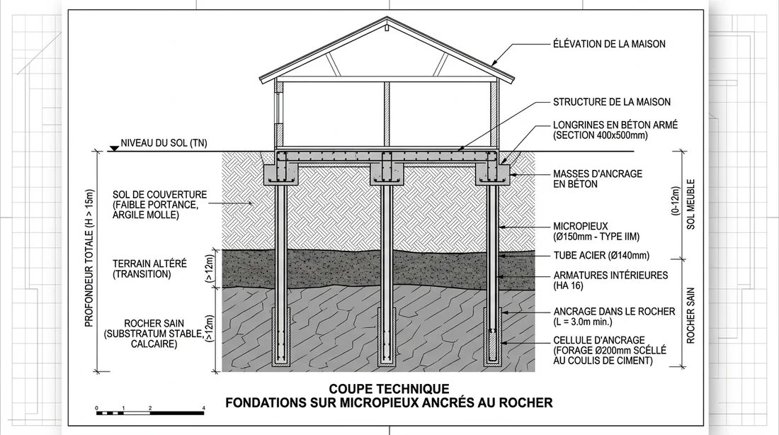 Schéma technique d'une fondation sur micropieux et longrines ancrées dans le sol