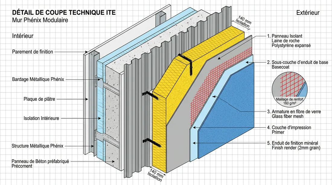 Schéma technique des couches de l'isolation thermique extérieure sur plaque béton Phénix