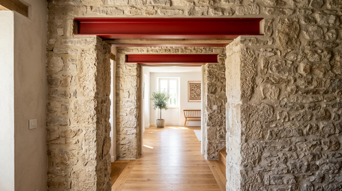 Ouverture de mur en pierre finalisée avec IPN apparents dans un intérieur rénové