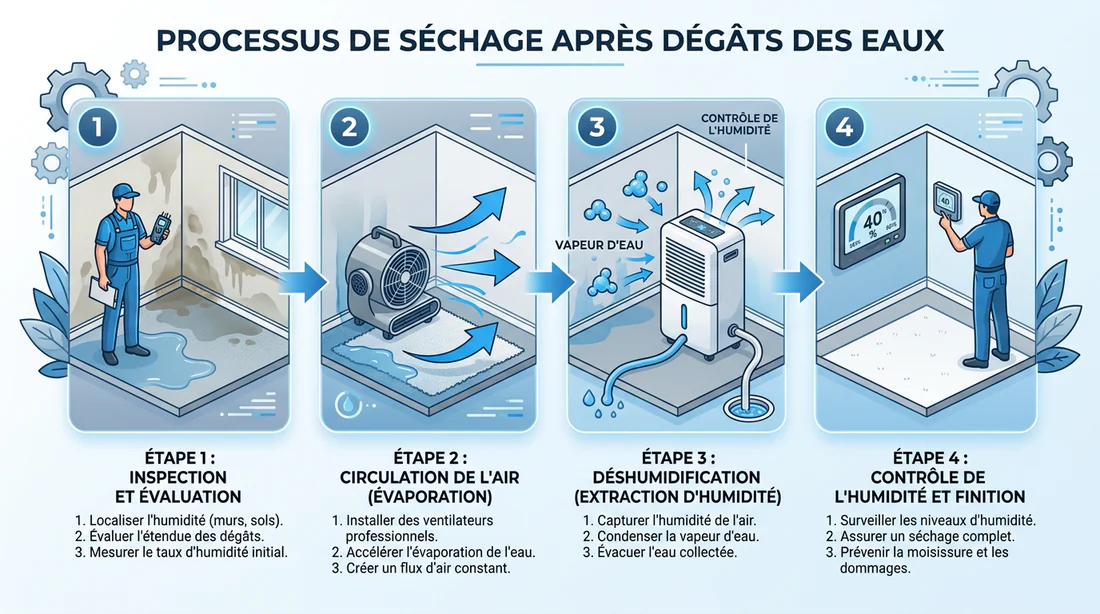 Schéma explicatif des étapes de l'assèchement technique après un sinistre