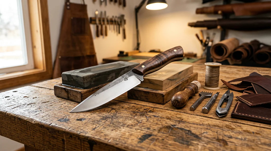 Couteau artisanal forgé et fini posé sur un établi en bois avec outils