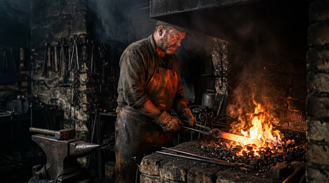 Forgeron chauffant une barre d'acier dans une forge à charbon
