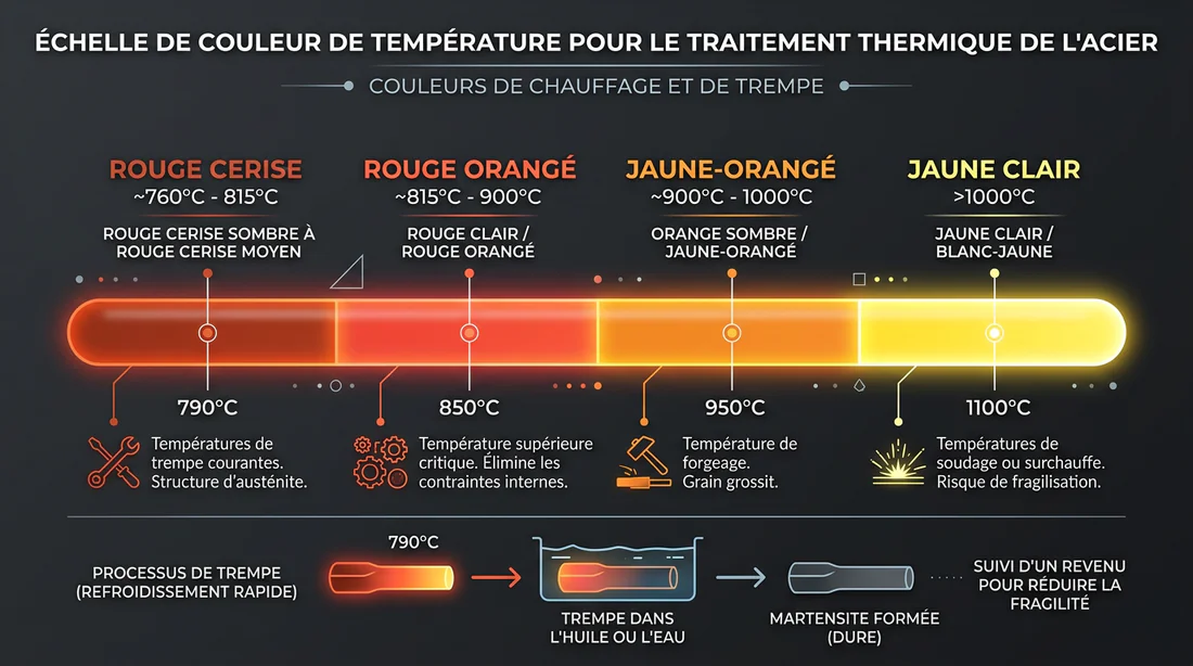 Infographie de l'échelle des températures et couleurs de chauffe de l'acier