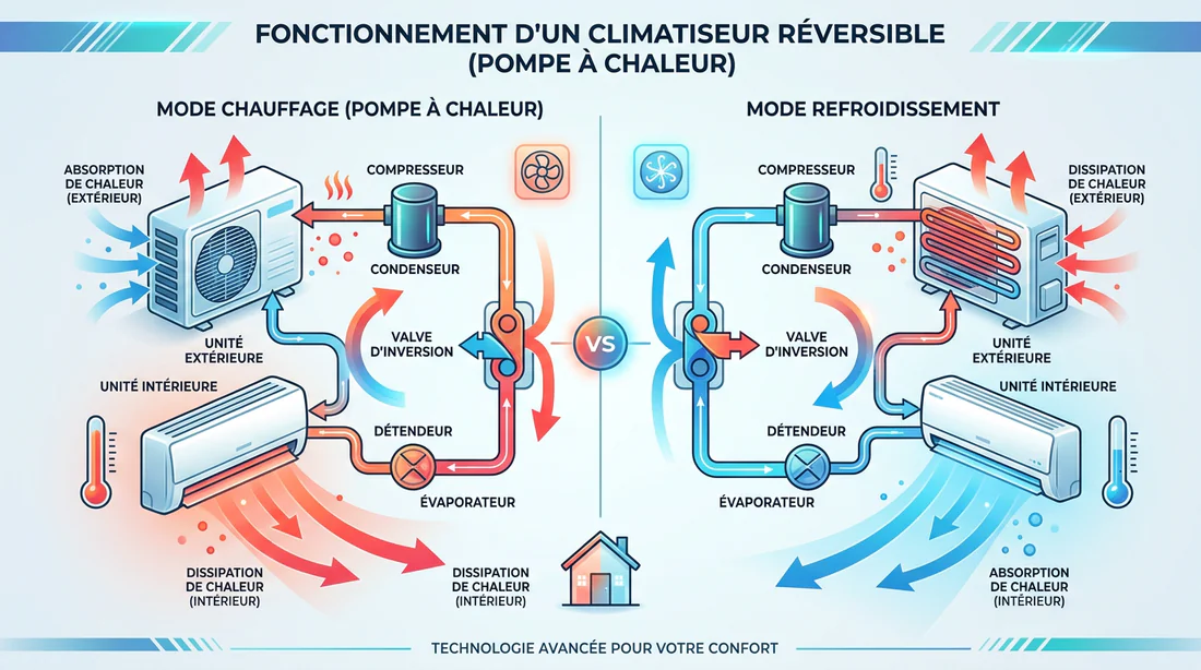 Schéma explicatif du fonctionnement d'une climatisation réversible en mode chaud et froid