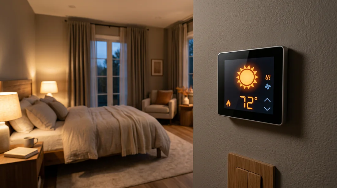 Icône soleil affichée sur le thermostat mural pour le mode chauffage