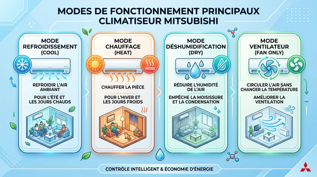 Schéma explicatif des différents modes de fonctionnement d'une climatisation Mitsubishi