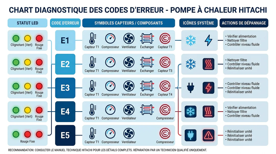 Schéma explicatif des principaux codes d'erreur et voyants d'une pompe à chaleur Hitachi