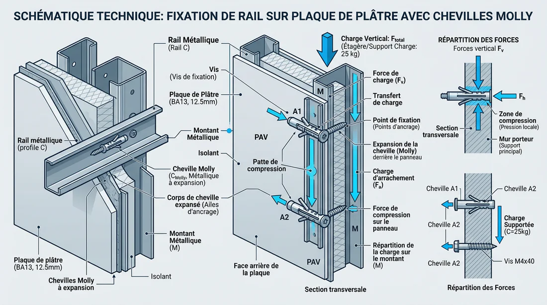 Schéma technique de la repartition de charge d'un rail sur plaque de plâtre
