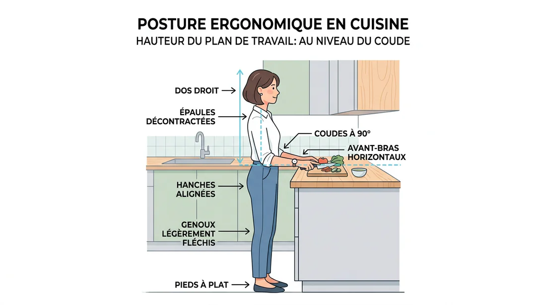 Schéma ergonomique pour calculer la hauteur idéale du plan de travail selon la taille
