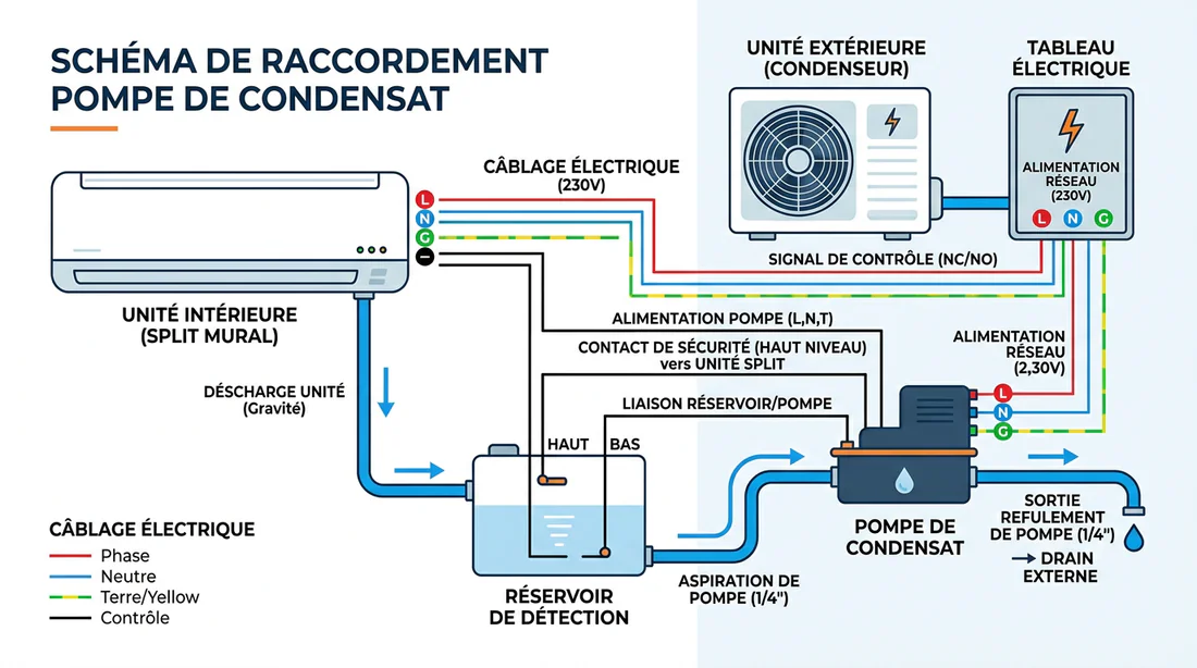 Schéma technique du raccordement électrique et hydraulique de la pompe.