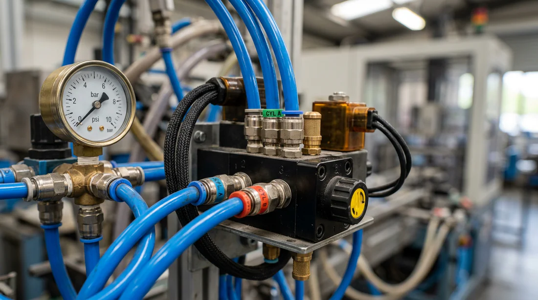 Vue rapprochée d'un distributeur pneumatique industriel et de ses connexions