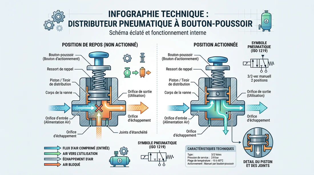 Schéma de fonctionnement interne d'un distributeur pneumatique à bouton poussoir