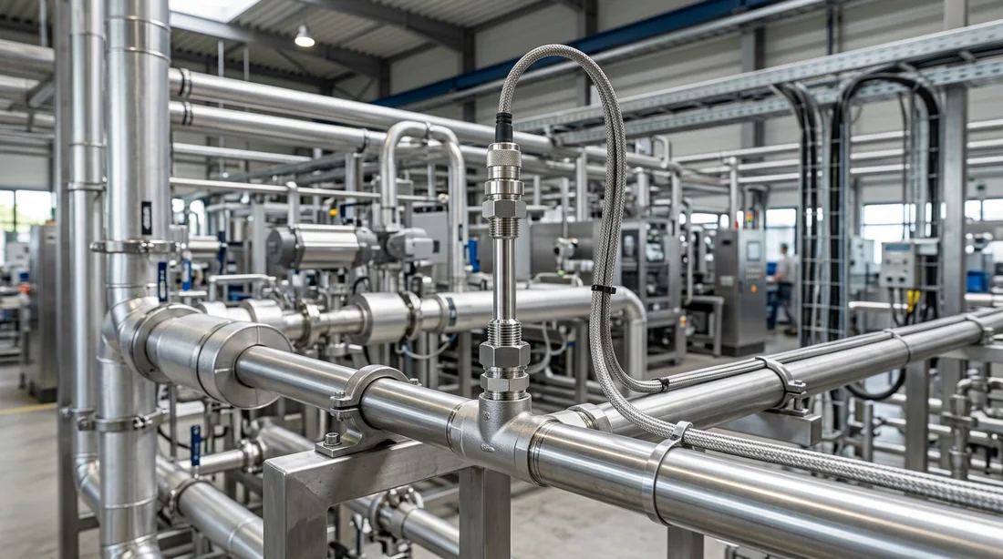 Sonde de température PT1000 montée sur une conduite industrielle en inox