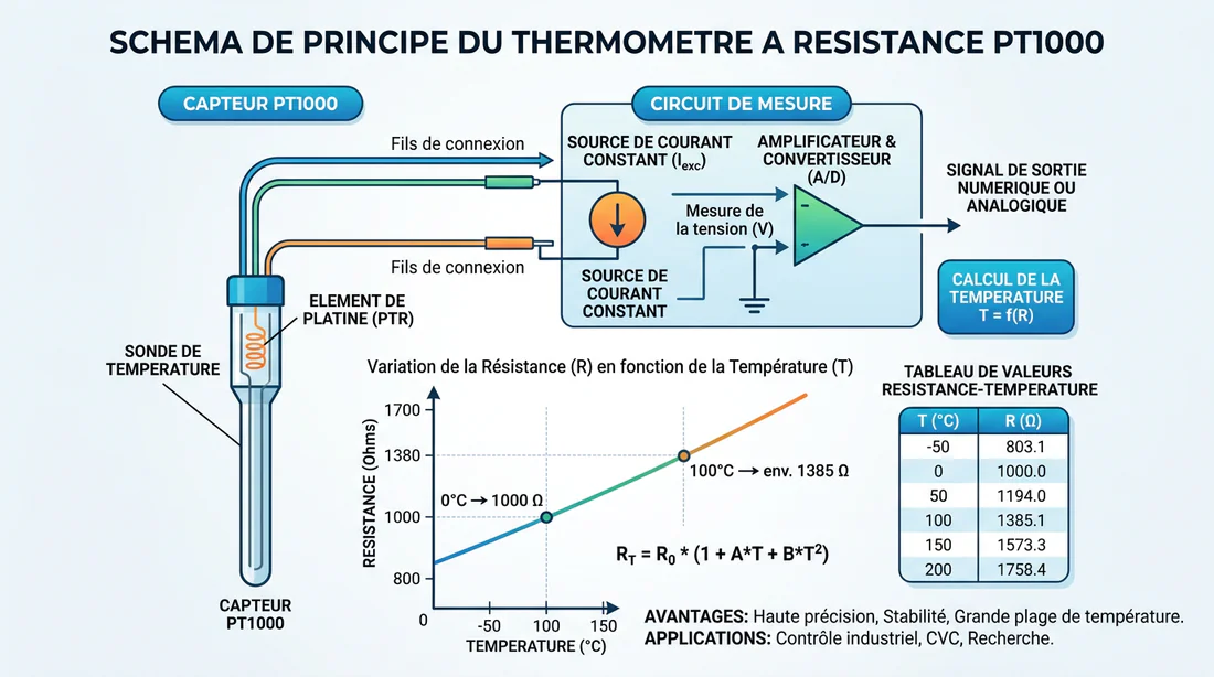 Schéma explicatif du fonctionnement et de la courbe de résistance ohmique d'une sonde PT1000