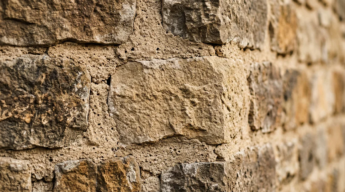 Gros plan sur les joints respirants en mortier de chaux d'un mur en pierre