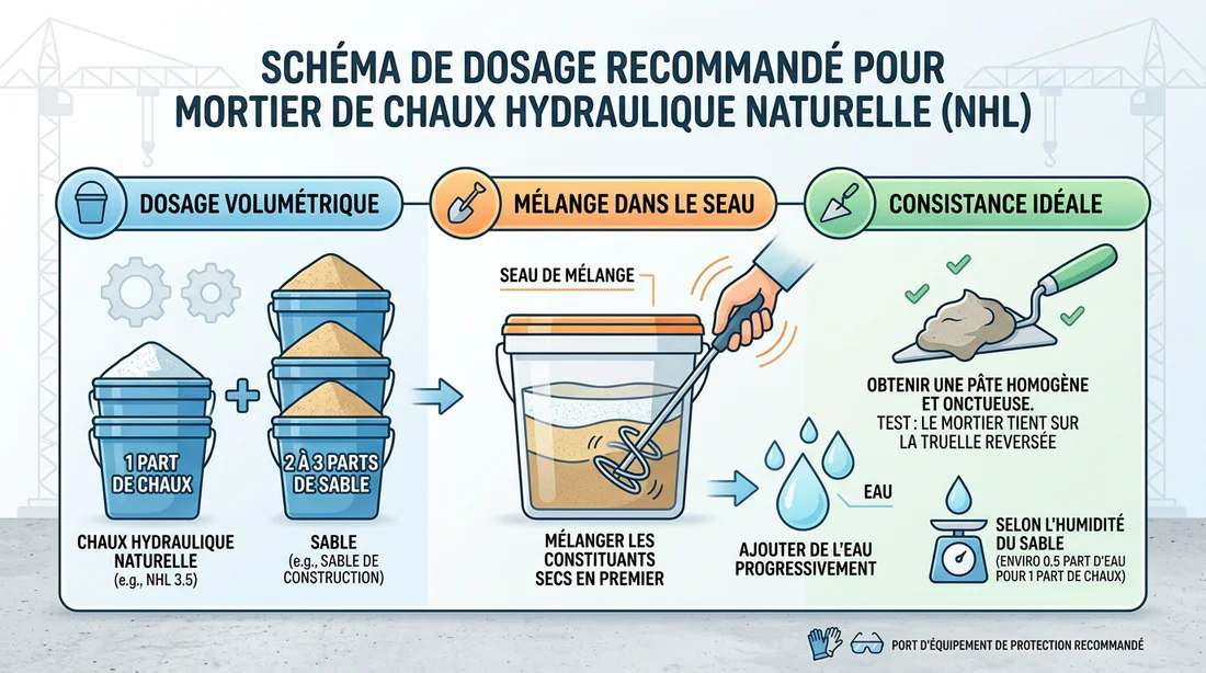 Infographie du dosage du mortier de chaux et sable pour jointoiement