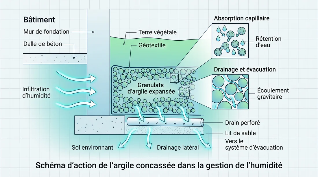 Diagramme synthétique de l'absorption et évacuation de l'eau par l'argile concassée