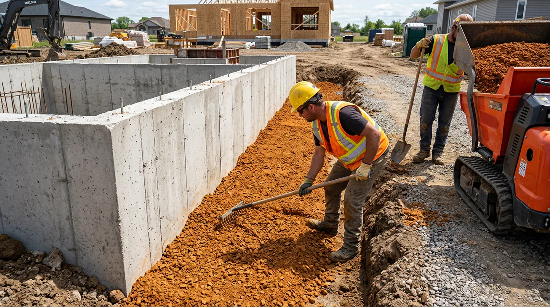 Chantier de pose d'un remblai d'argile concassée contre un mur de fondation