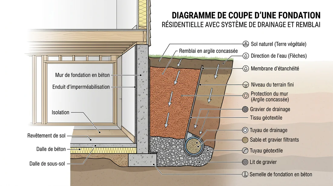 Schéma explicatif en coupe du drainage de fondation avec remblai en argile concassée