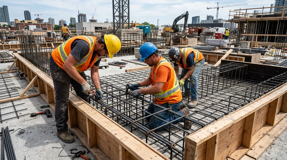 Pose de l'armature en treillis métallique avant le coulage du mur banché