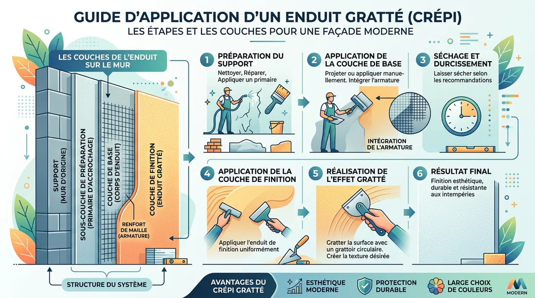 Infographie présentant les étapes d'application de l'enduit gratté