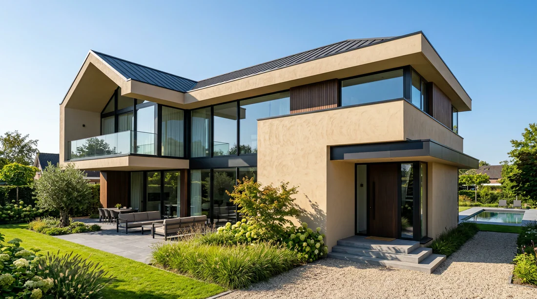 Maison individuelle moderne avec une façade en enduit gratté beige