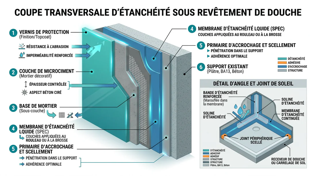 Schéma des différentes couches d'étanchéité d'une douche en béton ciré