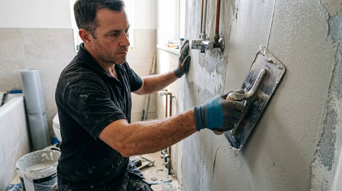 Application d'un enduit étanche effet béton ciré sur le mur d'une douche