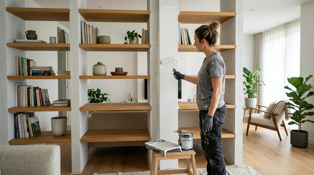 Finitions et mise en peinture de la bibliothèque en Siporex et bois