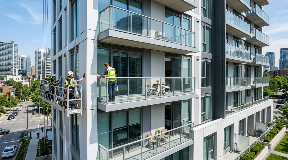 Inspection de la façade d'un immeuble en copropriété avant travaux de climatisation.