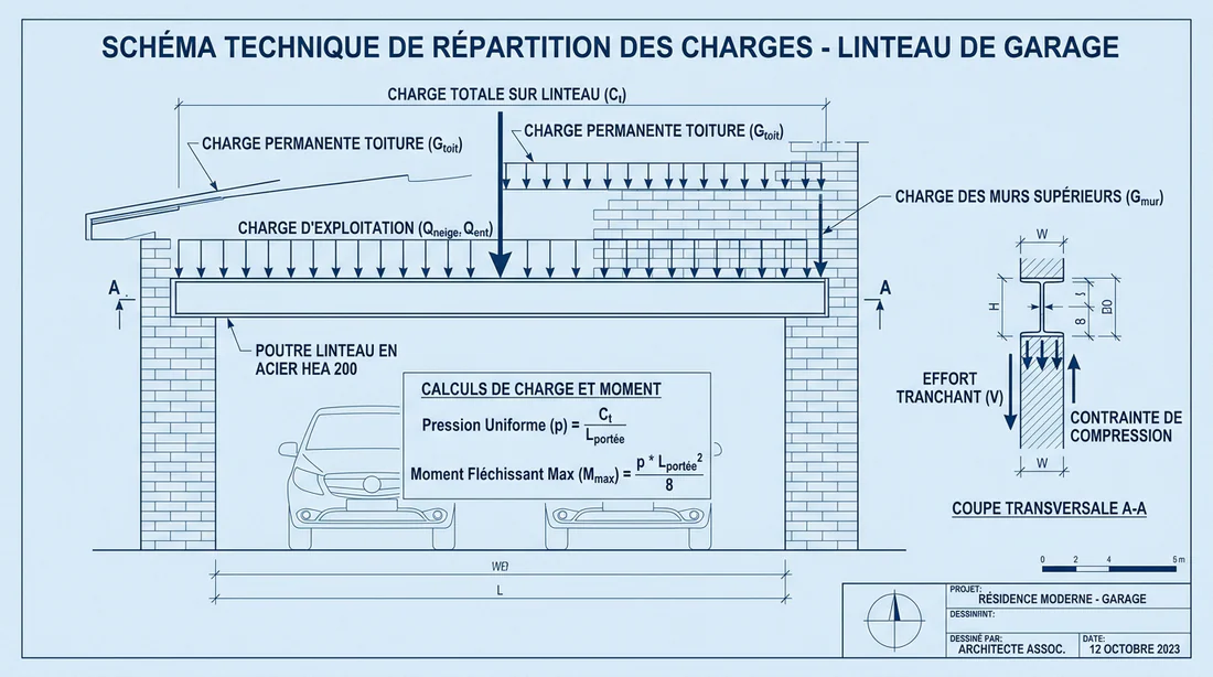 Schéma explicatif du calcul des charges sur un linteau de garage