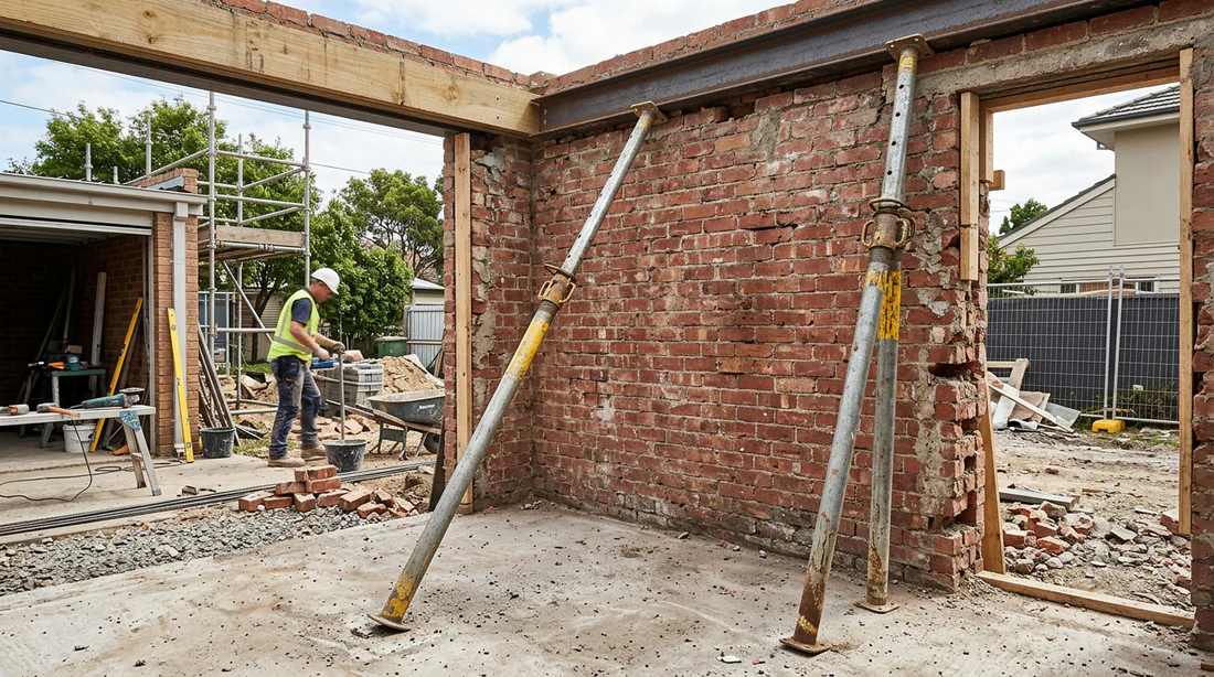 Mise en place des étais pour sécuriser le mur au-dessus du garage