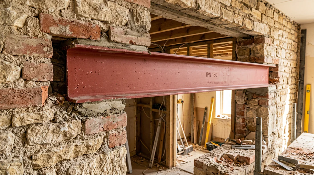 Linteau métallique IPN scellé dans la maçonnerie au-dessus d'une ouverture de mur