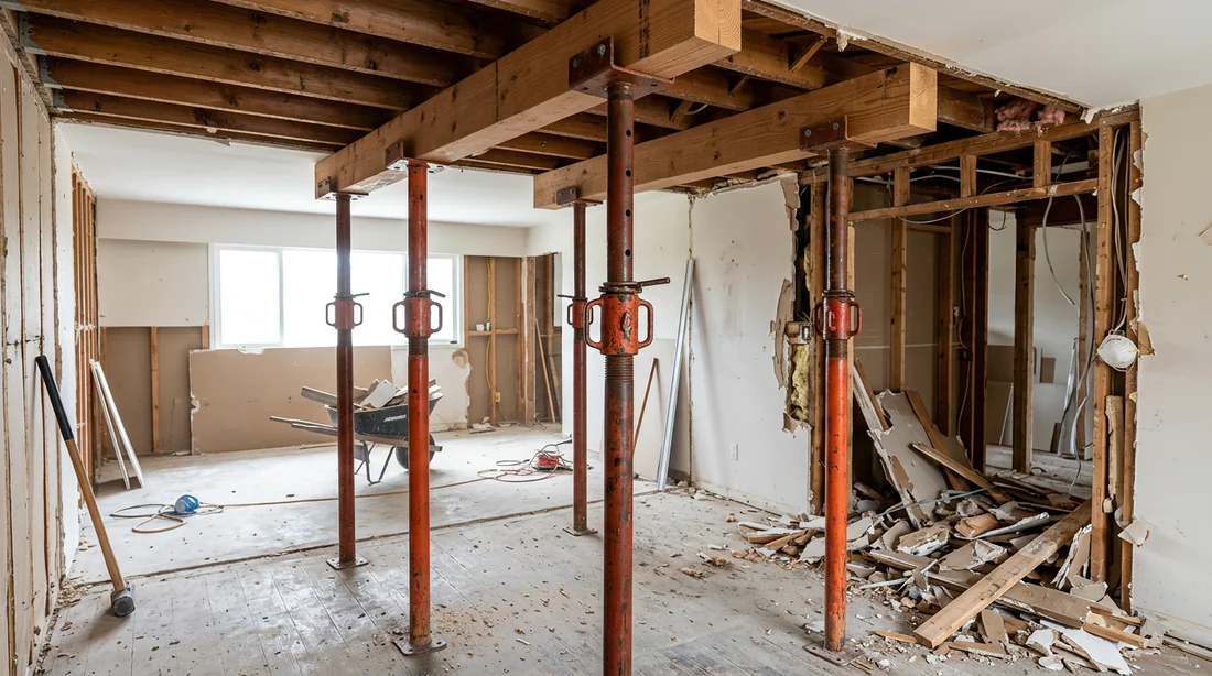 Pose d'étançons métalliques pour étayer le plafond avant de percer un mur porteur