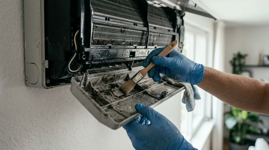 Nettoyage manuel du bac à condensat bouché avec une brosse souple