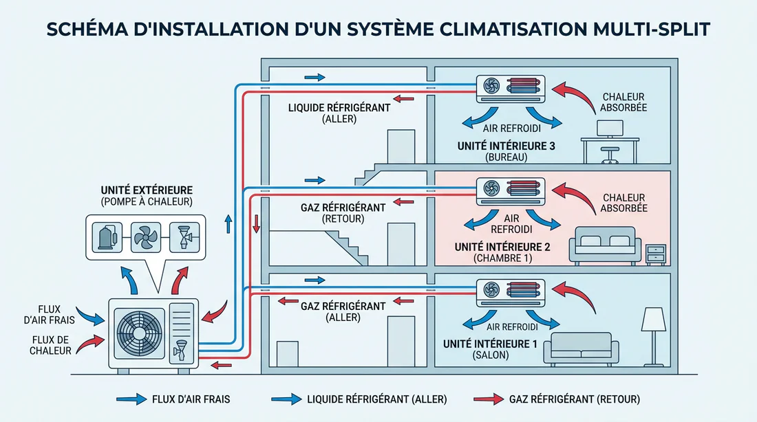 Schéma technique d'installation d'un système de climatisation réversible multi-split