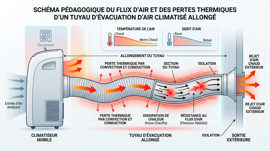 Schéma technique montrant l'impact d'un tuyau rallongé sur l'efficacité du climatiseur