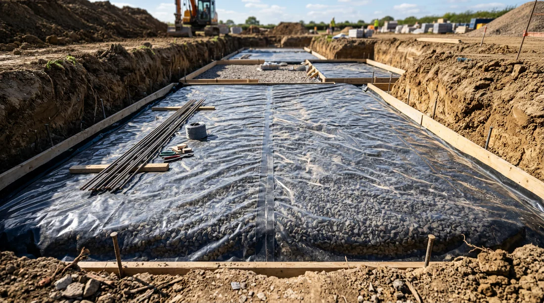 Pose du film polyane d'étanchéité sur le hérisson de gravier