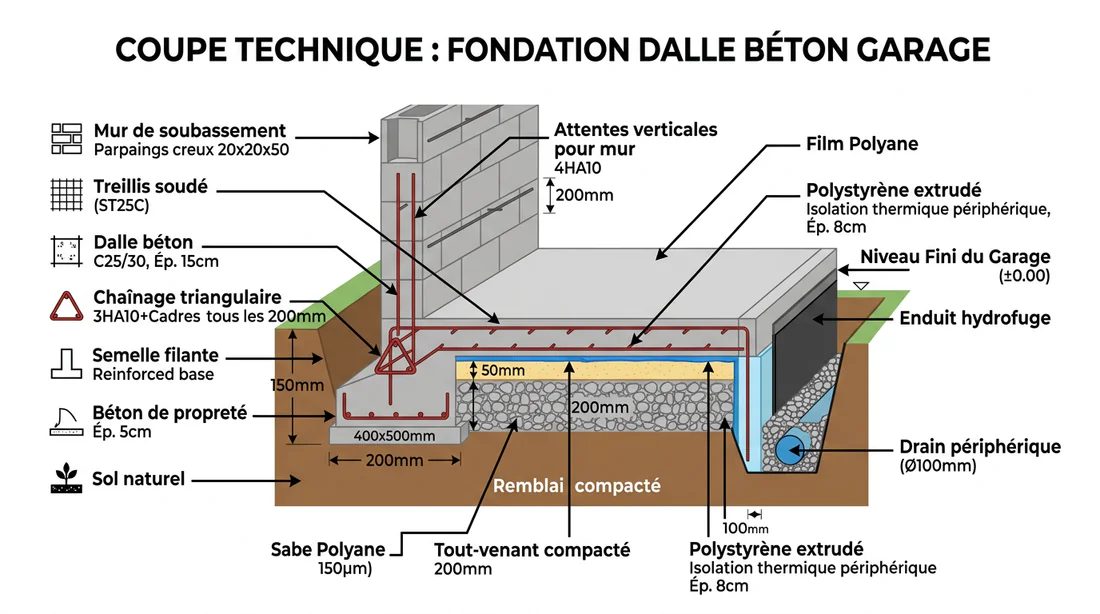 Schéma technique en coupe d'une dalle de garage avec chaînage et ferraillage