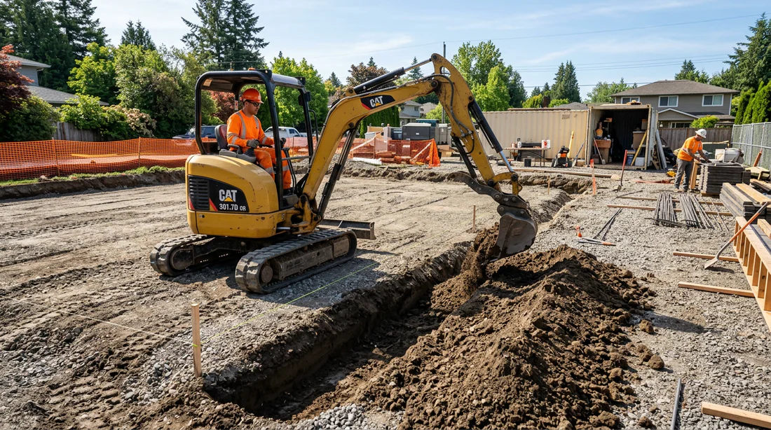 Mini-pelle réalisant les tranchées de fondation pour la dalle de garage