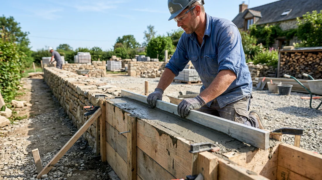 Lissage et tirage du mortier d'arase avec une règle de maçon en aluminium