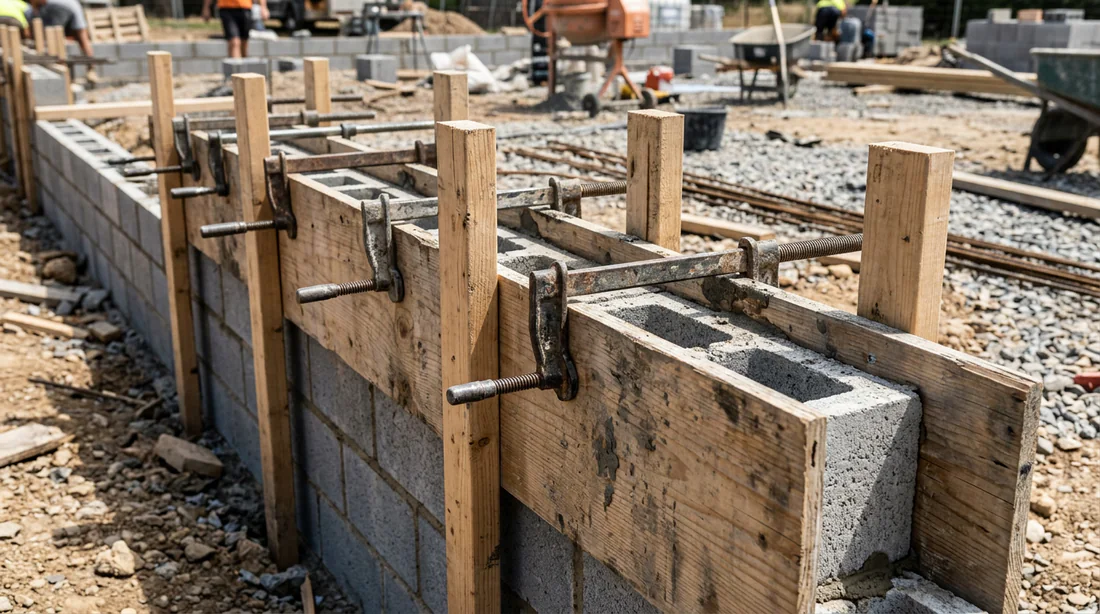 Planches de coffrage fixées avec des serre-joints sur un muret en parpaing