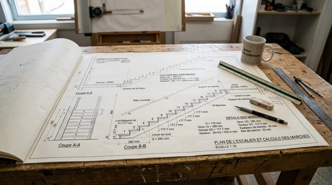 Plan technique des calculs de dimensionnement pour la construction d'un escalier.