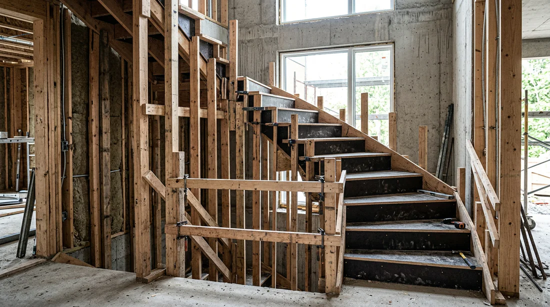 Coffrage d'escalier en bois prêt pour le coulage du béton.