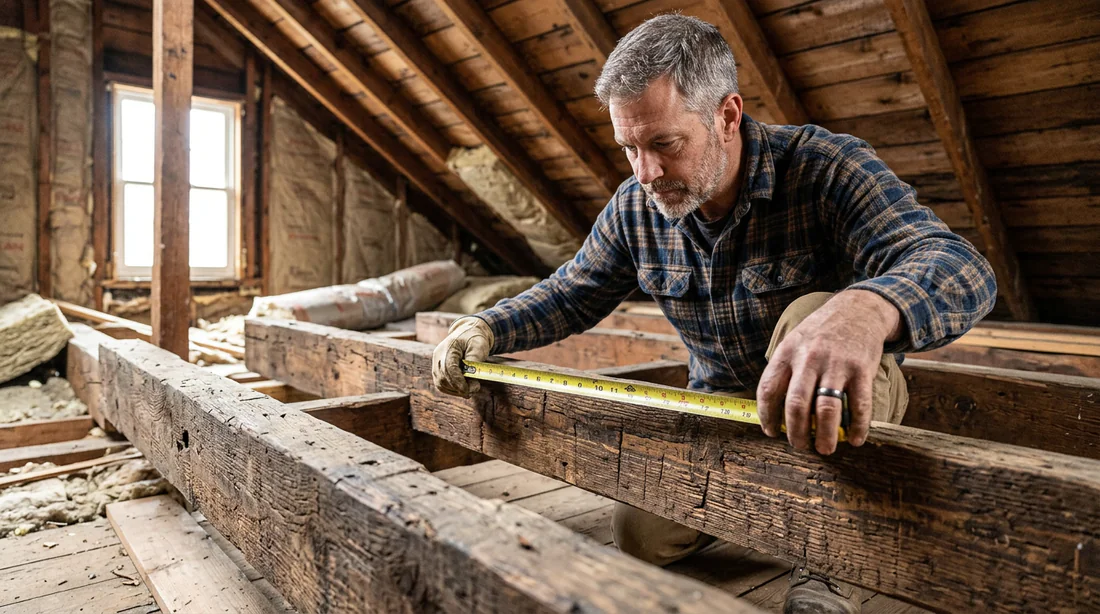 Mesure de l'écartement entre les solives en bois avant la pose de l'isolant.