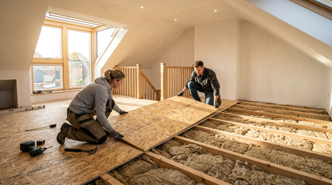Installation de panneaux OSB sur des solives isolées pour former le plancher.