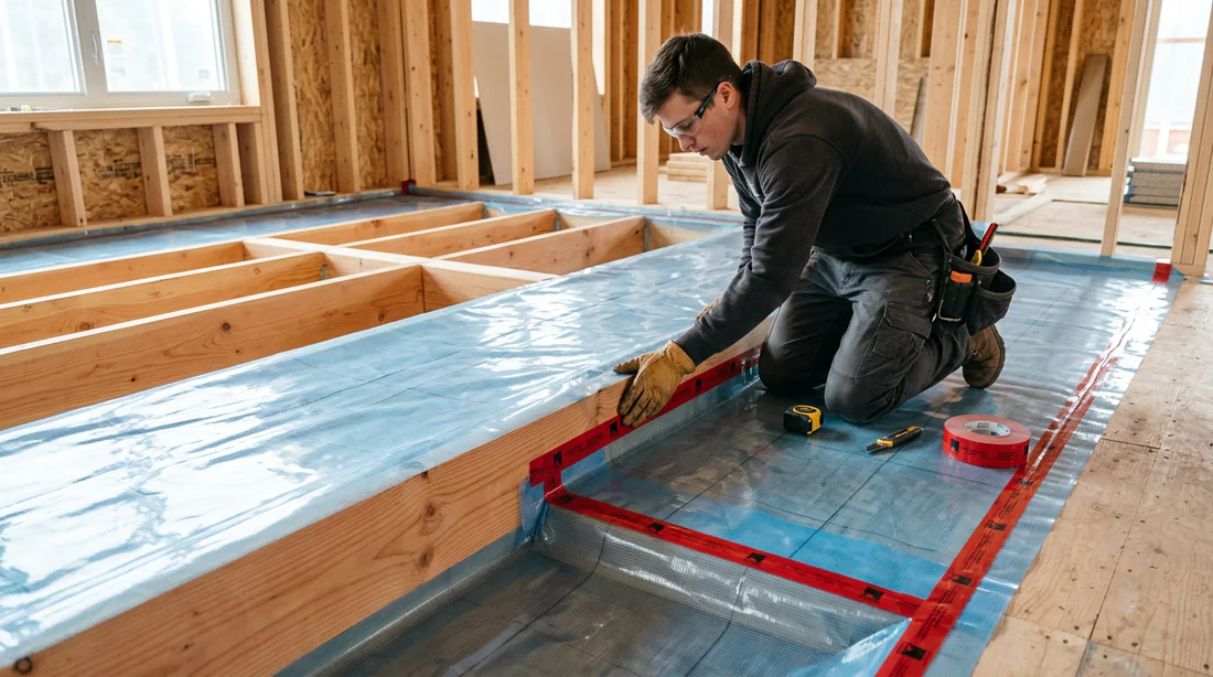 Mise en place de la membrane pare-vapeur sur les solives.