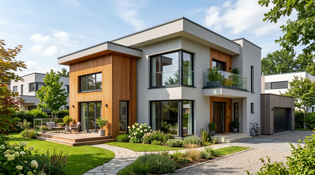 Maison Phénix rénovée avec une finition mixte en bardage bois et enduit clair.