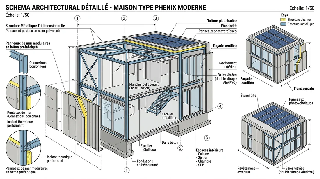 Schéma explicatif de la structure métallique et des panneaux en béton d'une maison Phénix.