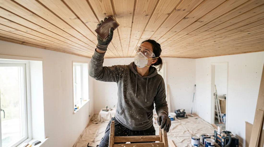 Préparation et ponçage d'un plafond en lambris bois avant la peinture